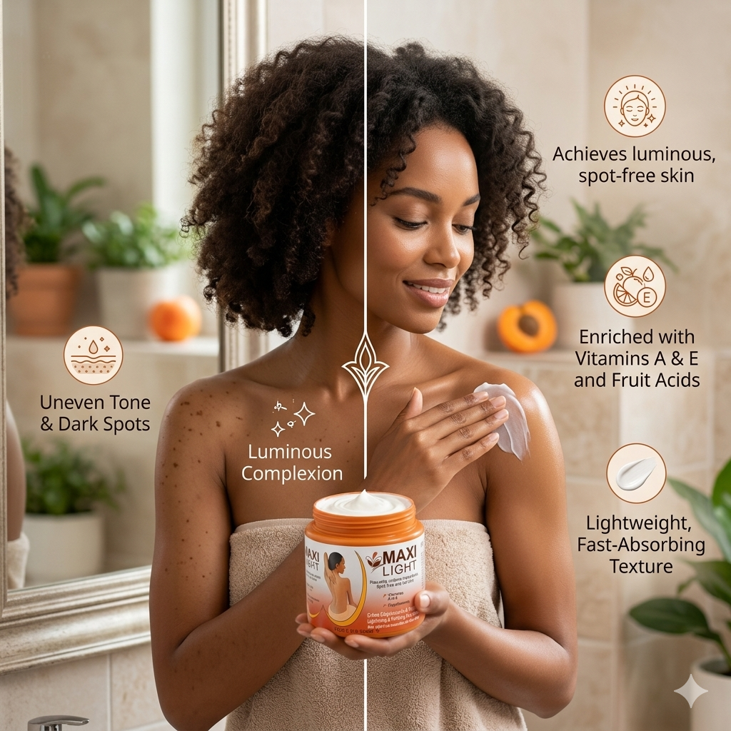 Maxi Light Lightening & Purifying Body formulated to lighten, purify, and even out skin tone while reducing brown spots. Enriched with Vitamins A and E and fruit acids, for luminous complexion 150g  .
