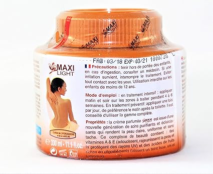 Maxi Light Lightening & Purifying Body formulated to lighten, purify, and even out skin tone while reducing brown spots. Enriched with Vitamins A and E and fruit acids, for luminous complexion 150g  .