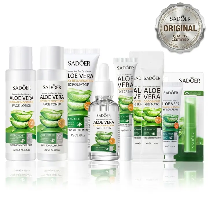 SADOER 27PCS Skin Care Set Aloe Vera Hydrating Moisturizing Gift Set Face Lotion + Face Toner + Face Serum + Exfoliating Gel + Eye Cream + 20PCS Good Night Gel Masks + Hand Cream + Lip Balm skincare .