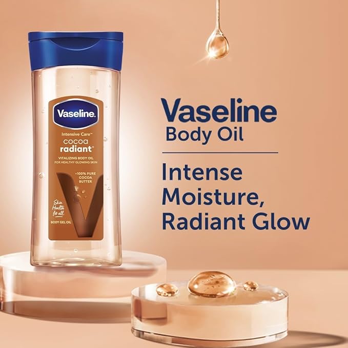 Vaseline Intensive Care Cocoa Radiant Gel Oil Made with 100% pure cocoa, it help revitalize dry and dull skin and give it a natural glow without leaving a greasy residue, Moisturizing Sensitive skin .
