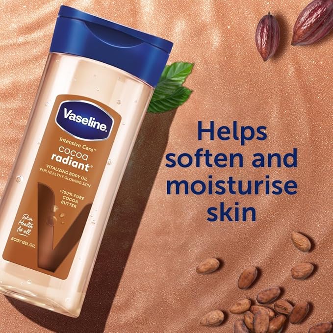 Vaseline Intensive Care Cocoa Radiant Gel Oil Made with 100% pure cocoa, it help revitalize dry and dull skin and give it a natural glow without leaving a greasy residue, Moisturizing Sensitive skin .