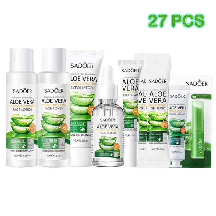 SADOER 27PCS Skin Care Set Aloe Vera Hydrating Moisturizing Gift Set Face Lotion + Face Toner + Face Serum + Exfoliating Gel + Eye Cream + 20PCS Good Night Gel Masks + Hand Cream + Lip Balm skincare .