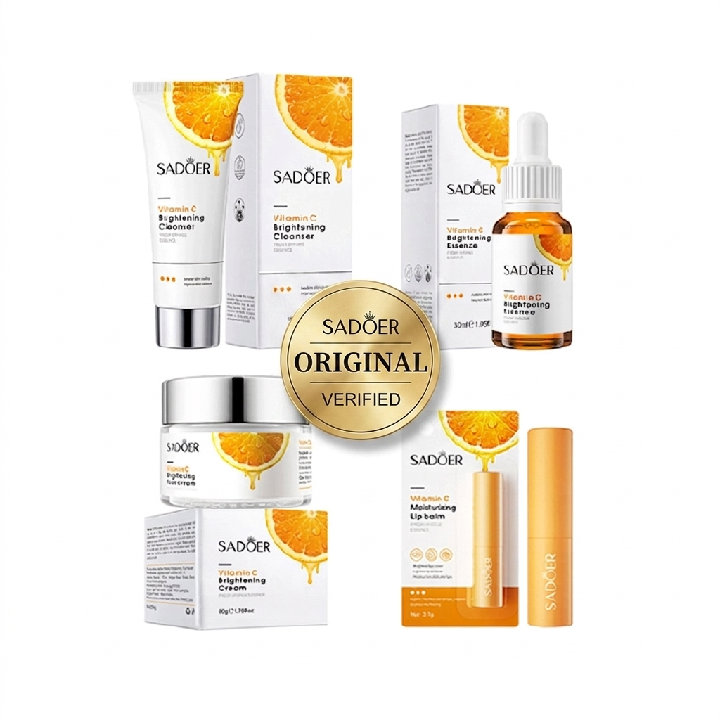 Original SADOER 4 in 1 Vitamin C Serum, Lip balm，Vitamin C Brightening Facial Cleanser and Vitamin C Face Brightening Cream, Skin Care Kit,  Anti Wrinkles, Moisturizing,  Anti Aging, Fade Dark Spots .
