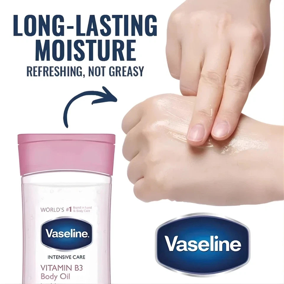 Vaseline Intensive Care Vitamin B3 Body Oil 200ml Rose Gel Moisturizing Specially formulated with 100% Rose Plant Essence & Rosemary extract proven to deeply moisturize and soothe dry, irritated skin.