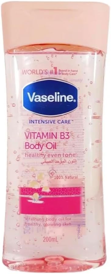 Vaseline Intensive Care Vitamin B3 Body Oil 200ml Rose Gel Moisturizing Specially formulated with 100% Rose Plant Essence & Rosemary extract proven to deeply moisturize and soothe dry, irritated skin.