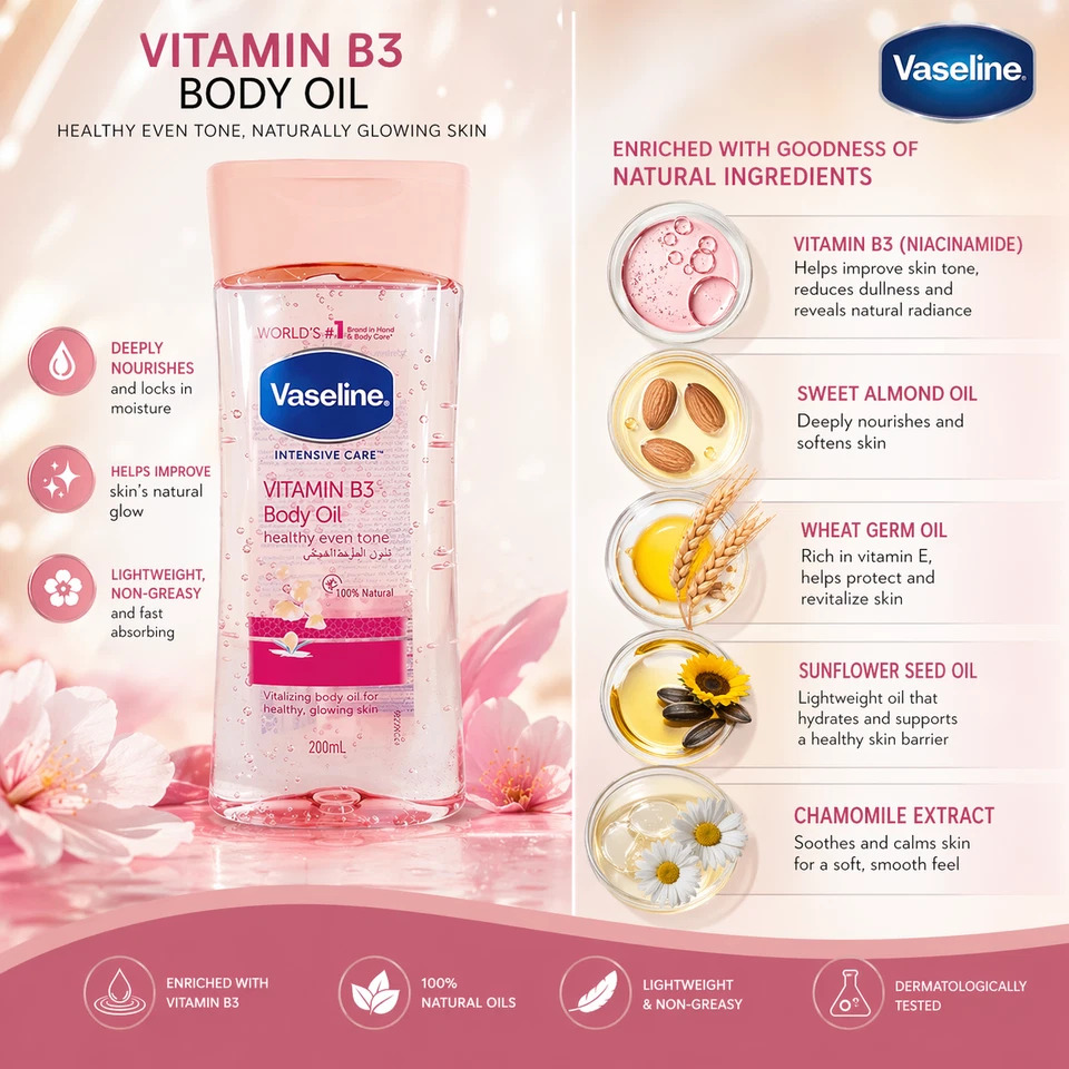 Vaseline Intensive Care Vitamin B3 Body Oil 200ml Rose Gel Moisturizing Specially formulated with 100% Rose Plant Essence & Rosemary extract proven to deeply moisturize and soothe dry, irritated skin.