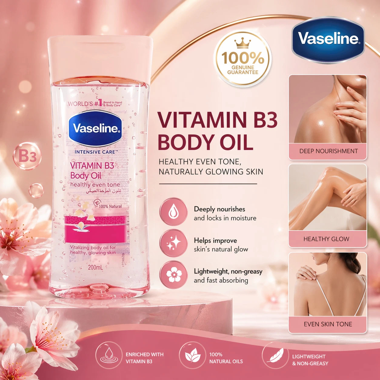 Vaseline Intensive Care Vitamin B3 Body Oil 200ml Rose Gel Moisturizing Specially formulated with 100% Rose Plant Essence & Rosemary extract proven to deeply moisturize and soothe dry, irritated skin.