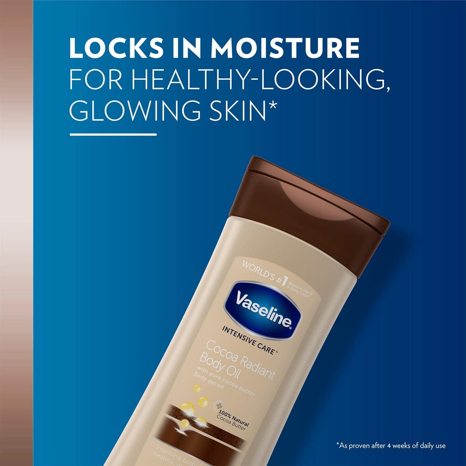 Vaseline Total Moisture Cocoa Radiant Body Gel Oil that leaves your skin feeling healthy & glowing.Our rich feel formula with pure cocoa butter,used after bathing,replenishes skin & locks in moisture.