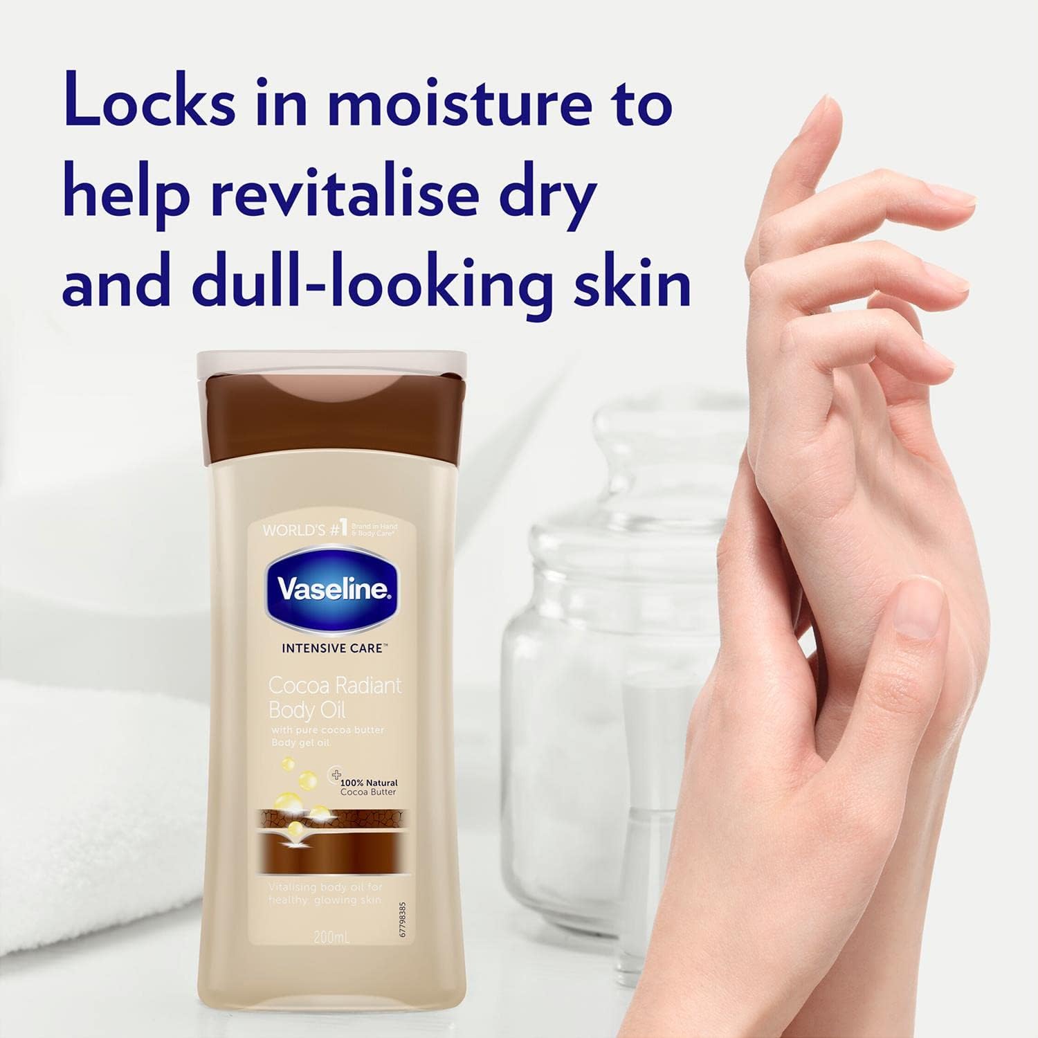 Vaseline Total Moisture Cocoa Radiant Body Gel Oil that leaves your skin feeling healthy & glowing.Our rich feel formula with pure cocoa butter,used after bathing,replenishes skin & locks in moisture.