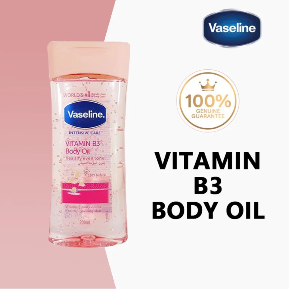 Vaseline Intensive Care Vitamin B3 Body Oil 200ml Rose Gel Moisturizing Specially formulated with 100% Rose Plant Essence & Rosemary extract proven to deeply moisturize and soothe dry, irritated skin.