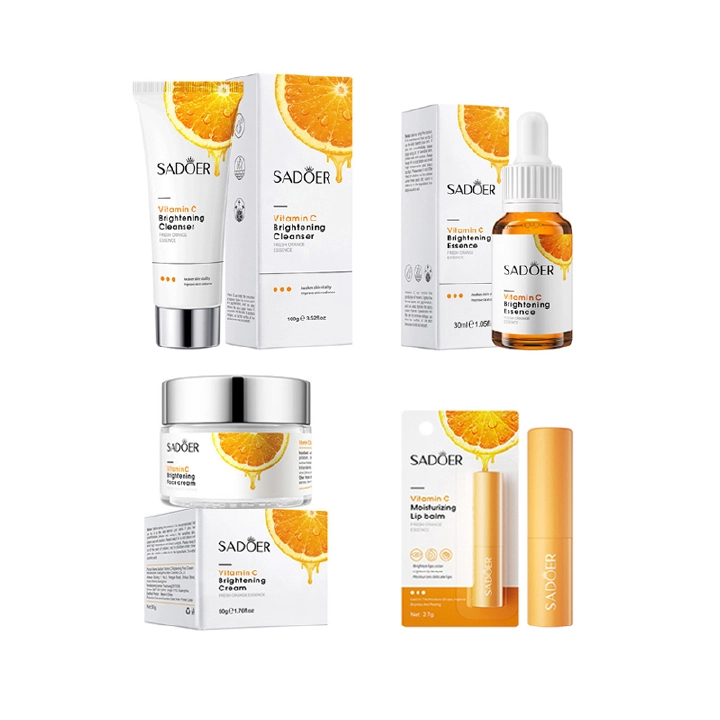 Original SADOER 4 in 1 Vitamin C Serum, Lip balm，Vitamin C Brightening Facial Cleanser and Vitamin C Face Brightening Cream, Skin Care Kit,  Anti Wrinkles, Moisturizing,  Anti Aging, Fade Dark Spots .