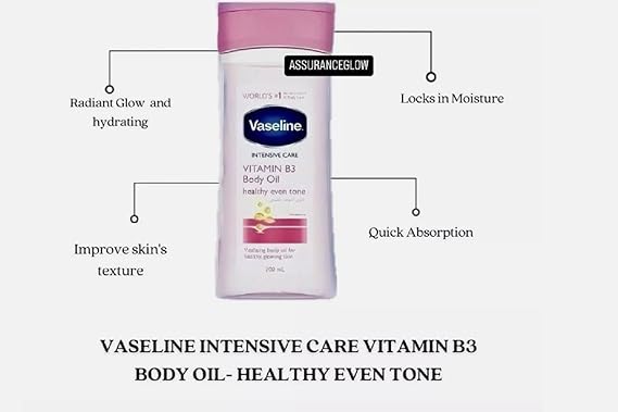 Vaseline Intensive Care Vitamin B3 Body Oil 200ml Rose Gel Moisturizing Specially formulated with 100% Rose Plant Essence & Rosemary extract proven to deeply moisturize and soothe dry, irritated skin.