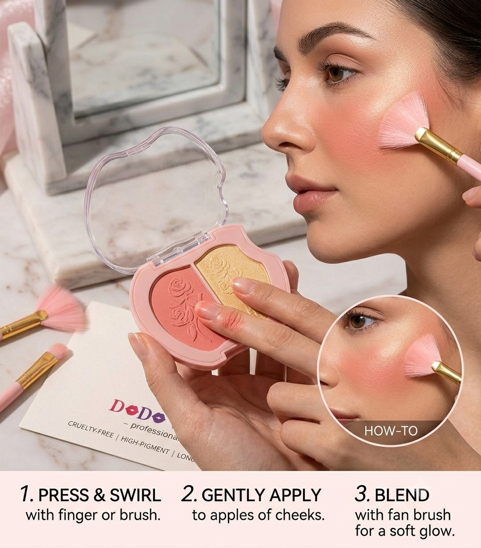 DoDo Venus Fashion Highlighter and Blusher Palette 2 In 1 Face Makeup Powder Shimmer Highlighter Natural Blush Compact Face Contour Illuminator Long Lasting Smooth Finish Lightweight Beauty Makeup Kit