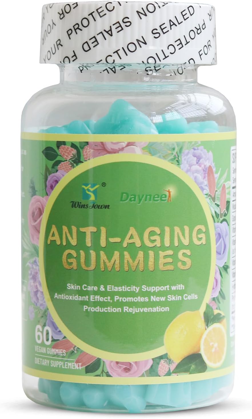 Wins Town Daynee Anti-Aging Gummies for Skin Care, Elasticity Support & Rejuvenation - Fine Lines & Wrinkles Reduction with Antioxidant Effect - Promotes New Skin Cells Production - 60 Delicious Lemon