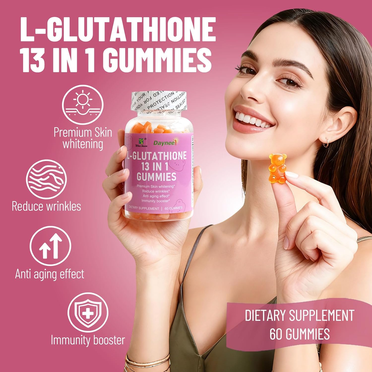 Wins Town Daynee L-Glutathione 13 in 1 Gummies for Premium Skin Whitening, Dark Spots Fading & Melanin Control - Anti-Aging, Wrinkle Reduction & Immunity Booster Supplement - 60 Delicious Chewable Veg
