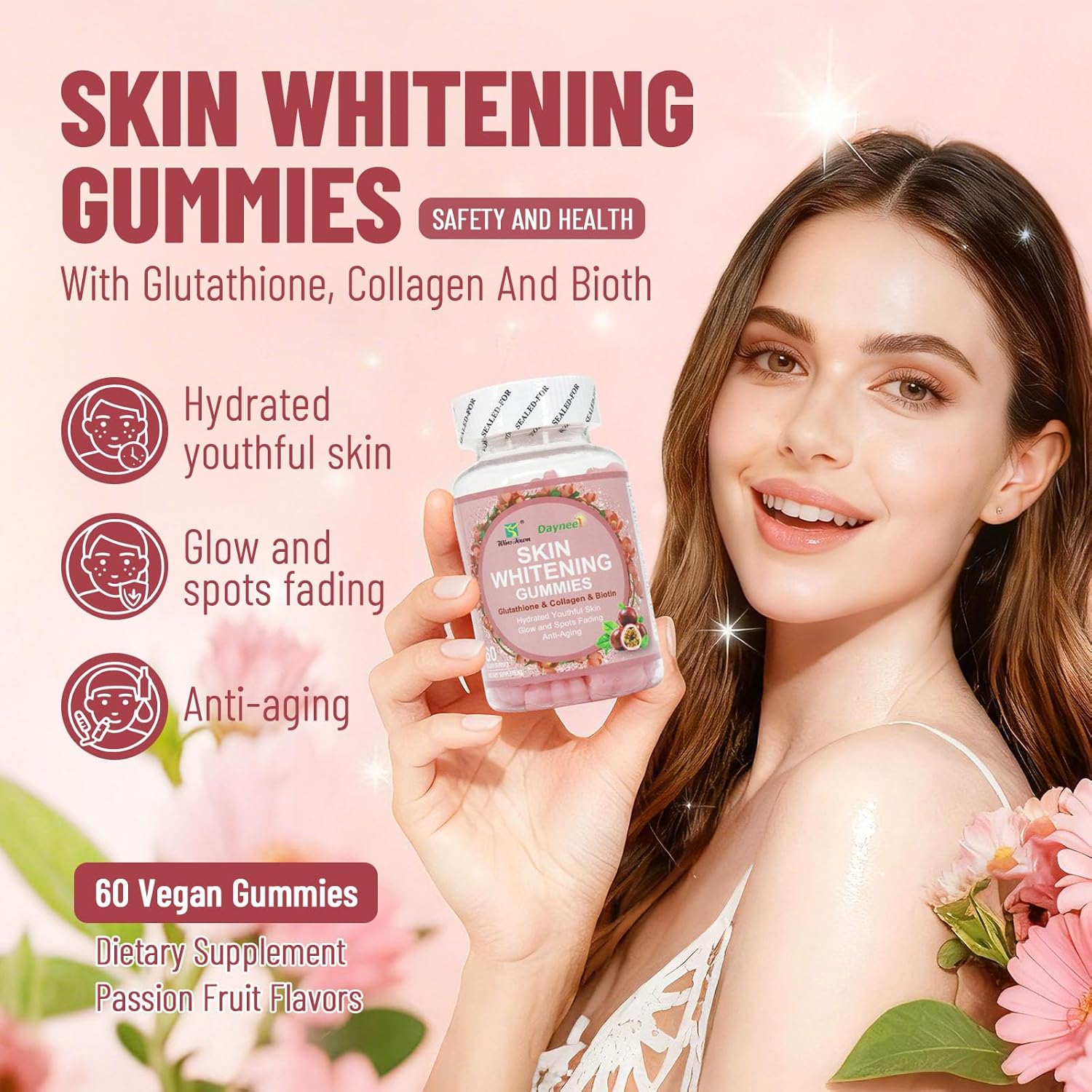 Wins Town Daynee Skin Whitening Gummies with Glutathione, Collagen & Biotin for Radiant Glow, Dark Spots Fading, Anti-Aging & Hydrated Youthful Skin - 60 Vegan Gummies Premium Beauty Supplement for Br