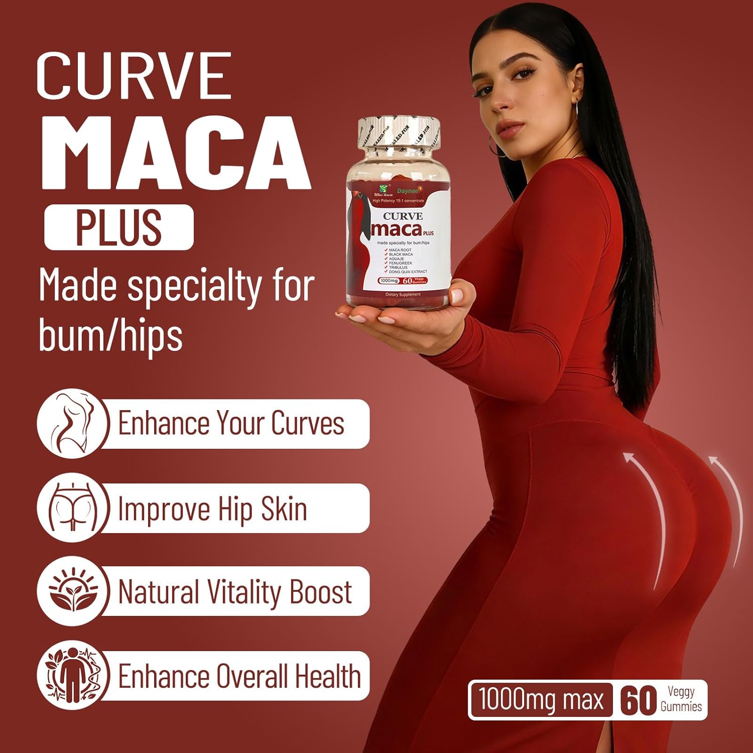 Wins Town Daynee Curve Maca Plus Gummies for Bum Hips Enlargement - 1000mg, 60 Veggy Gummies with Maca Root, Fenugreek, Aguaje & Dong Quai Extract - High Potency 15:1 Concentrate Dietary Supplement