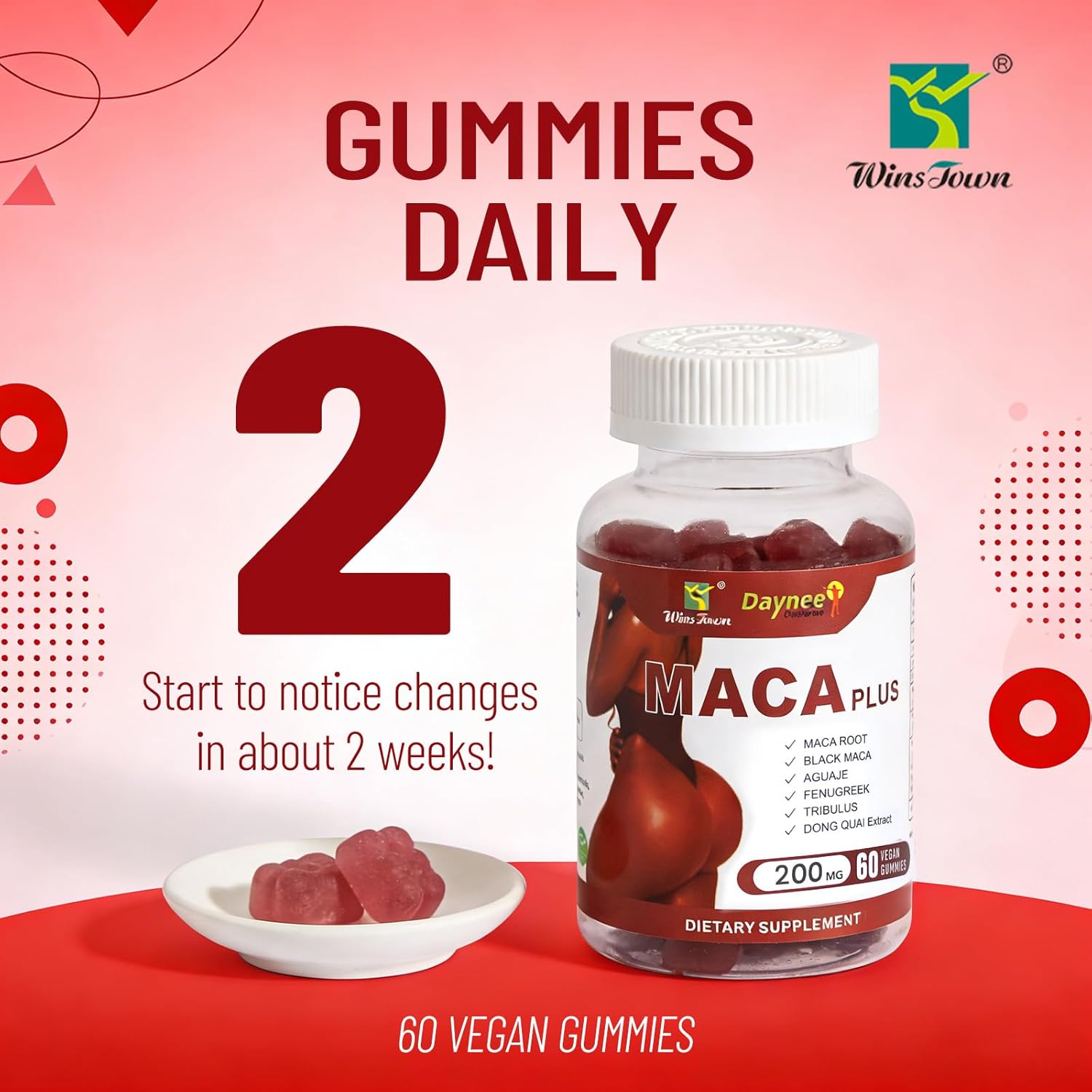 OFFER!!! WinsTown Daynee Maca Plus Gummies 200mg Dietary Supplement with Maca Root Black Maca Aguaje Fenugreek Tribulus and Dong Quai Extract Vegan Gummies Daily Wellness Supplement 60 Gummies Bottle.