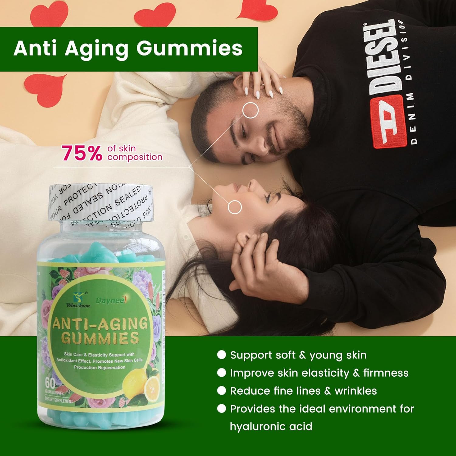 Wins Town Daynee Anti-Aging Gummies for Skin Care, Elasticity Support & Rejuvenation - Fine Lines & Wrinkles Reduction with Antioxidant Effect - Promotes New Skin Cells Production - 60 Delicious Lemon