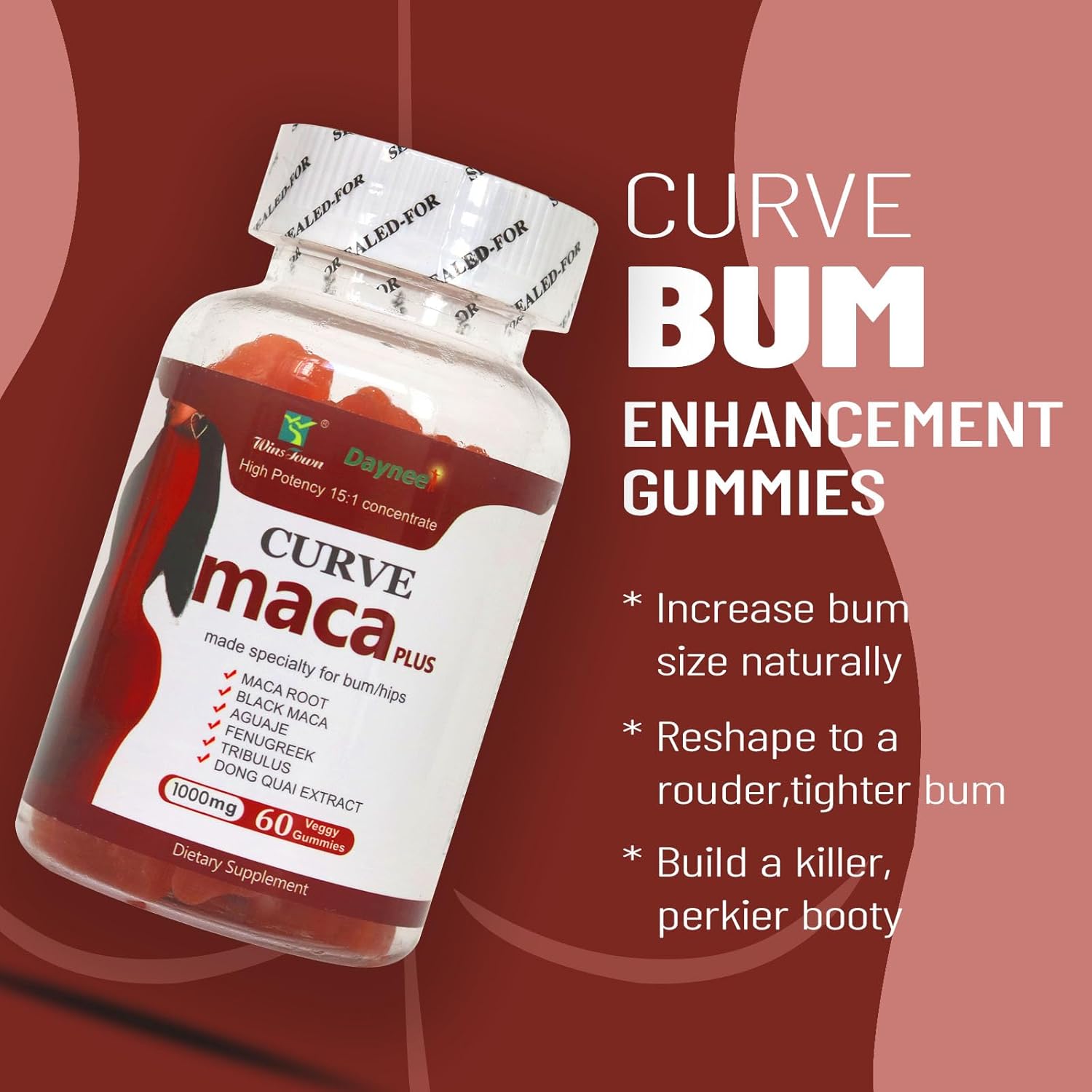 Wins Town Daynee Curve Maca Plus Gummies for Bum Hips Enlargement - 1000mg, 60 Veggy Gummies with Maca Root, Fenugreek, Aguaje & Dong Quai Extract - High Potency 15:1 Concentrate Dietary Supplement