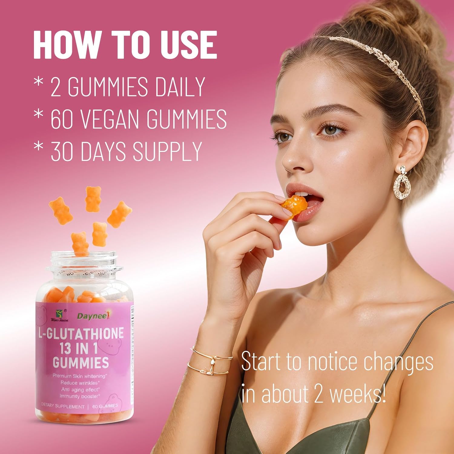 Wins Town Daynee L-Glutathione 13 in 1 Gummies for Premium Skin Whitening, Dark Spots Fading & Melanin Control - Anti-Aging, Wrinkle Reduction & Immunity Booster Supplement - 60 Delicious Chewable Veg