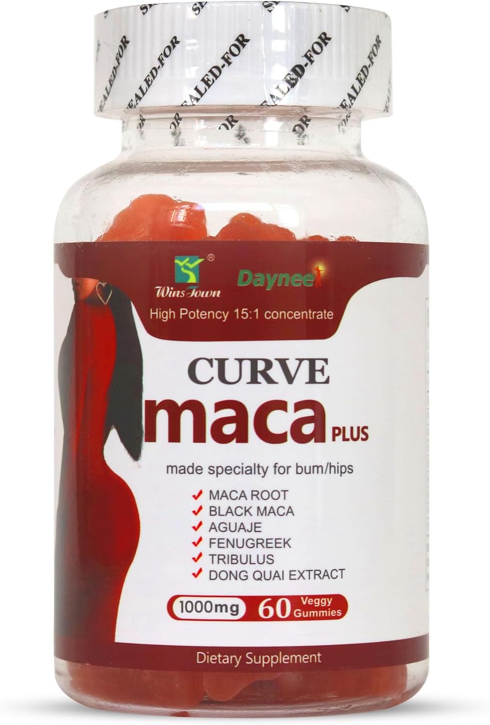 Wins Town Daynee Curve Maca Plus Gummies for Bum Hips Enlargement - 1000mg, 60 Veggy Gummies with Maca Root, Fenugreek, Aguaje & Dong Quai Extract - High Potency 15:1 Concentrate Dietary Supplement