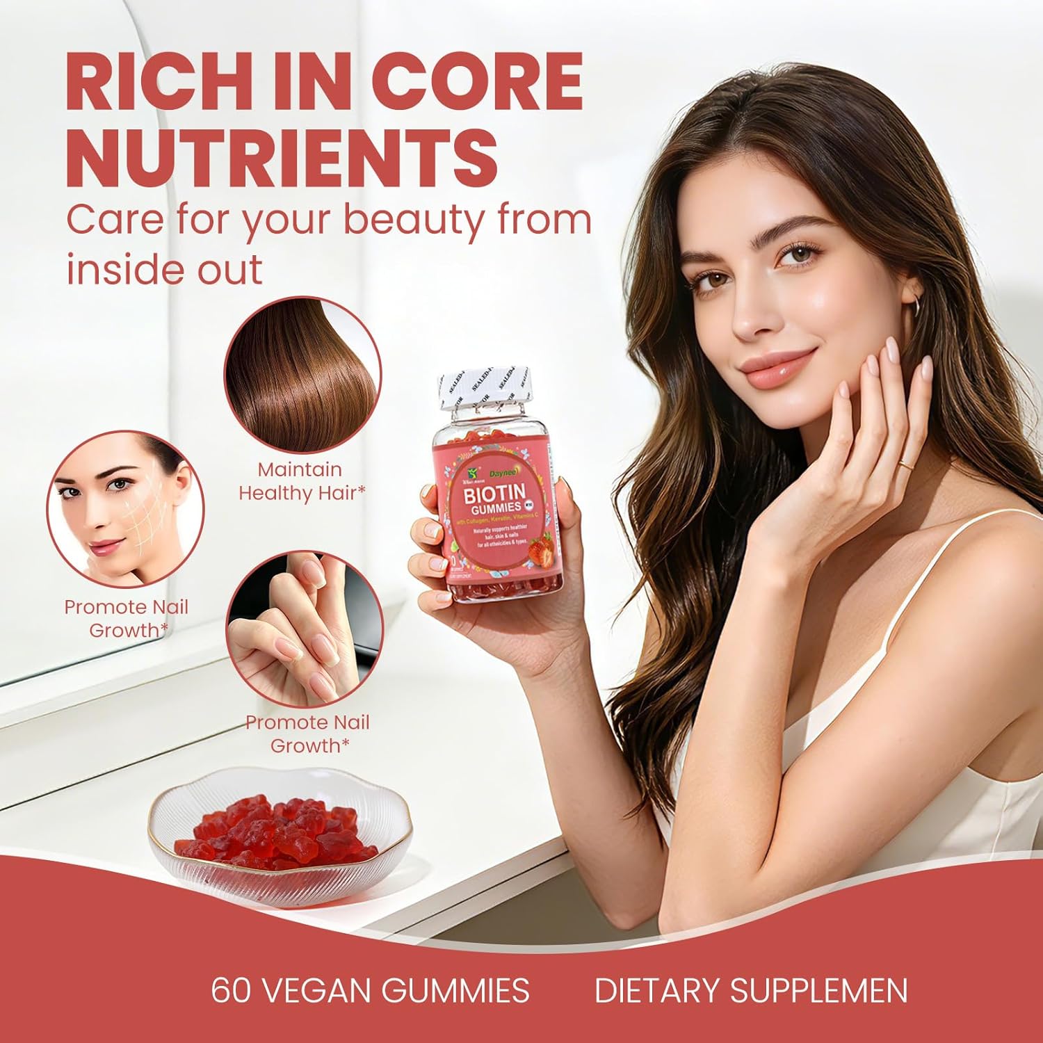 Daynee Biotin Gummies for Hair Growth | Max Strength Biotin 10000mcg Prevents Thinning and Loss | Chewable Biotin Supplement for Women Men and Kids | 100 Count Vegan Hair Gummies for Hair Skin & Nails
