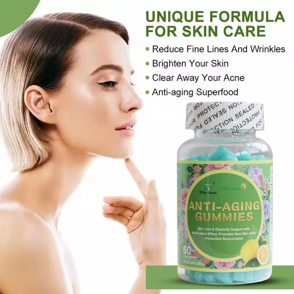 Wins Town Daynee Anti-Aging Gummies for Skin Care, Elasticity Support & Rejuvenation - Fine Lines & Wrinkles Reduction with Antioxidant Effect - Promotes New Skin Cells Production - 60 Delicious Lemon