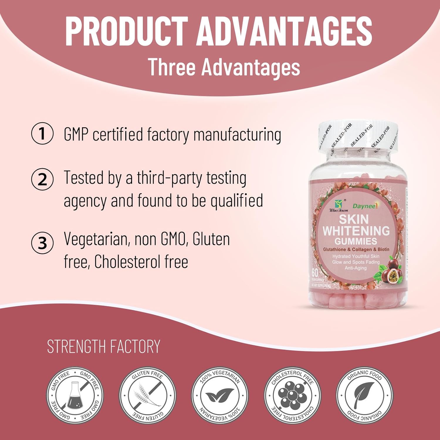 Wins Town Daynee Skin Whitening Gummies with Glutathione, Collagen & Biotin for Radiant Glow, Dark Spots Fading, Anti-Aging & Hydrated Youthful Skin - 60 Vegan Gummies Premium Beauty Supplement for Br
