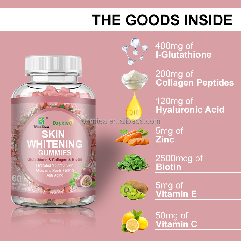 Wins Town Daynee Skin Whitening Gummies with Glutathione, Collagen & Biotin for Radiant Glow, Dark Spots Fading, Anti-Aging & Hydrated Youthful Skin - 60 Vegan Gummies Premium Beauty Supplement for Br