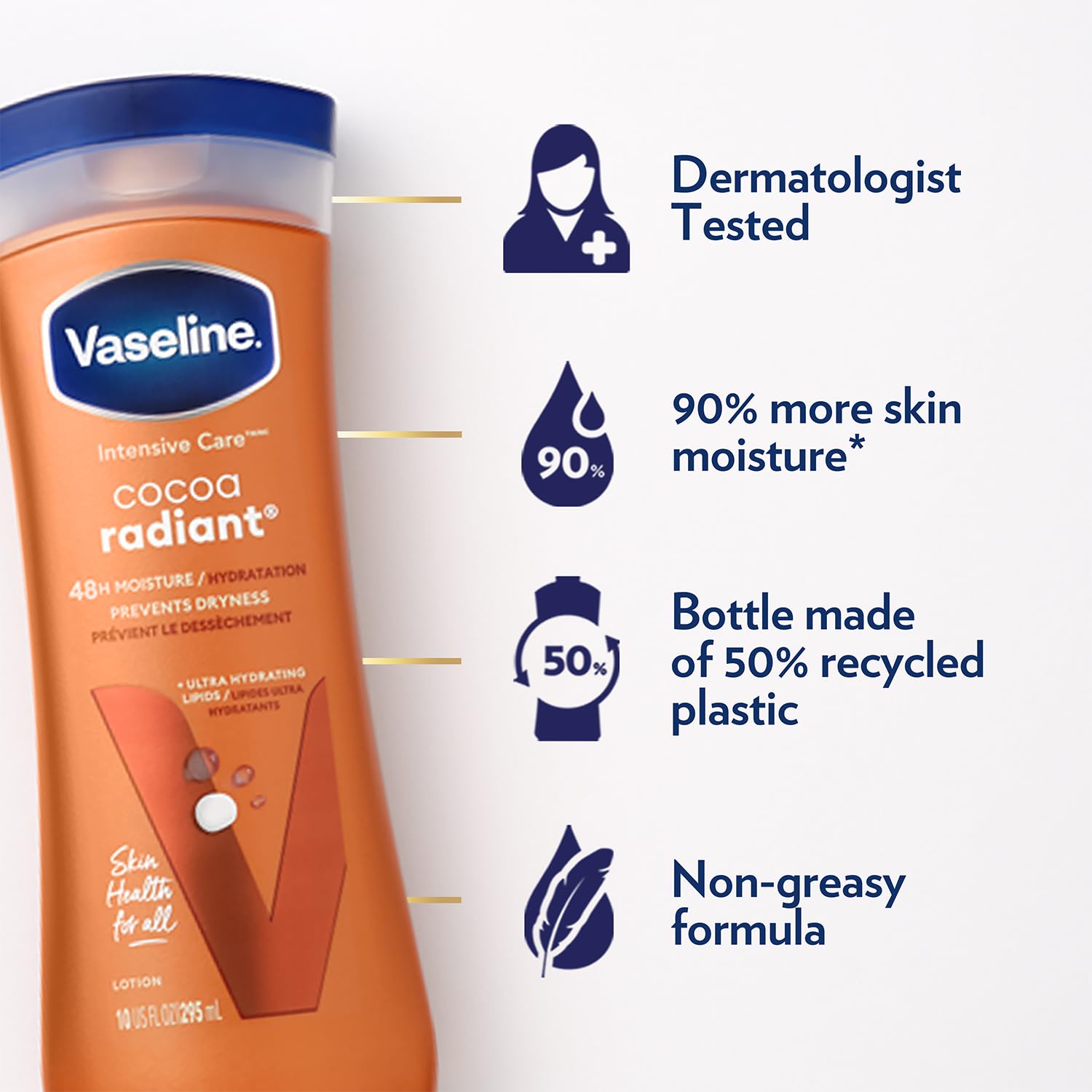Vaseline Intensive Care Cocoa Radiant Body Lotion 725ml with Pure Cocoa Butter and Vaseline Jelly, Non Greasy Daily Moisturizer for Dry Skin, Deep Nourishment, Long Lasting Hydration & Natural Health.