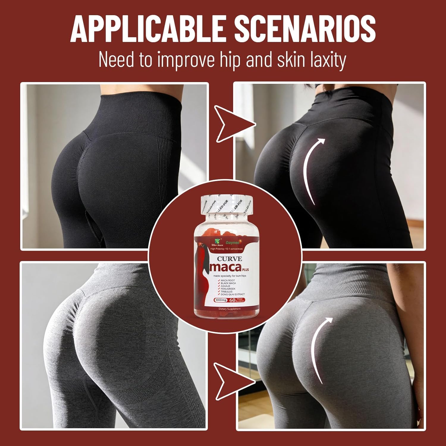Wins Town Daynee Curve Maca Plus Gummies for Bum Hips Enlargement - 1000mg, 60 Veggy Gummies with Maca Root, Fenugreek, Aguaje & Dong Quai Extract - High Potency 15:1 Concentrate Dietary Supplement