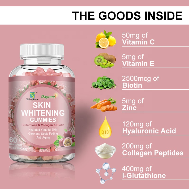 Wins Town Daynee Skin Whitening Gummies with Glutathione, Collagen & Biotin for Radiant Glow, Dark Spots Fading, Anti-Aging & Hydrated Youthful Skin - 60 Vegan Gummies Premium Beauty Supplement for Br
