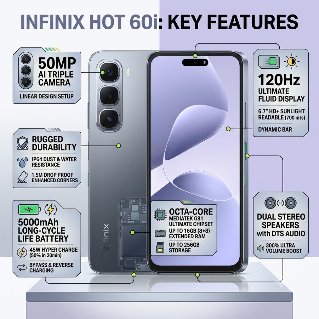 LIMITED TIME OFFER!! INFINIX HOT 60i 256GB STORAGE 8GB RAM 5160MAH BATTERY 45W TYPE-C FAST CHARGE 6.7-INCH DISPLAY 50MP ULTRACLEAR CAMERA/ ANDROID 15 DUAL SIMCARD 13MONTHS WARRANT/SIDE-MOUNT SENSOR