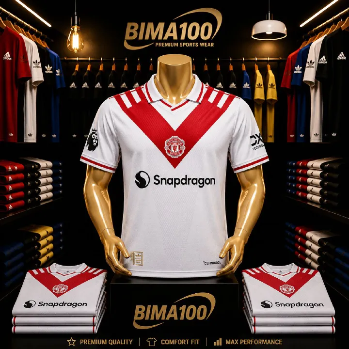 (OFFER) MANCHESTER UNITED FANTASY CONCEPT AWAY KIT 2026, WHITE AND RED DESIGN WITH SNAPDRAGON SPONSORSHIP. Football Jersey Authentic 2026 World Cup Jersey International Football.
