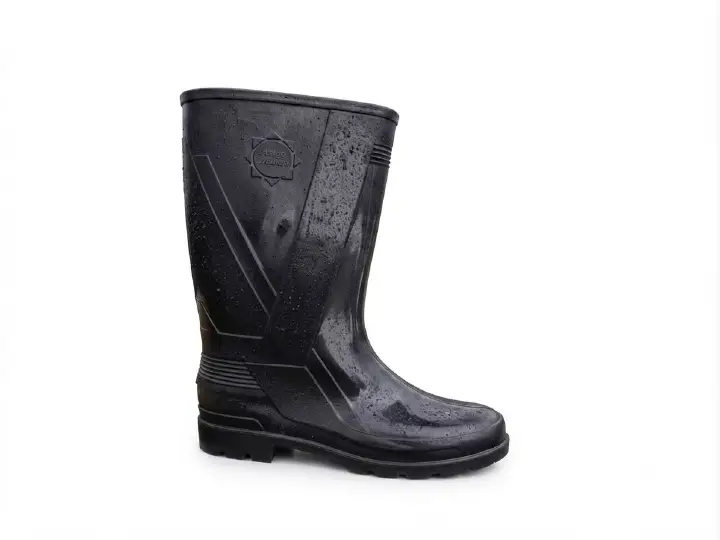 Black, Knee-High PVC Gumboots Featuring a Textured Geometric Design On The Shaft, Reinforced Heel and Ankle Panels, a Slip-Resistant Tread. Used For Agriculture, Construction&General Cleaning Tasks.