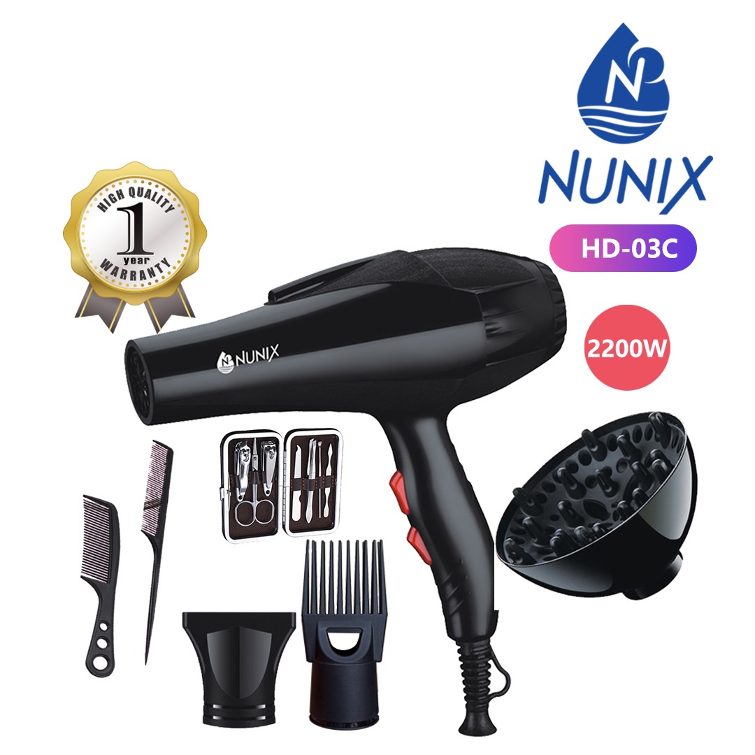 Nunix HD-03C 2200W Black Hair Dryer Set is a powerful all-in-one styling kit designed for fast drying, salon-quality results, and versatile hair styling at home or in a salon.

✨ Key Features: • P