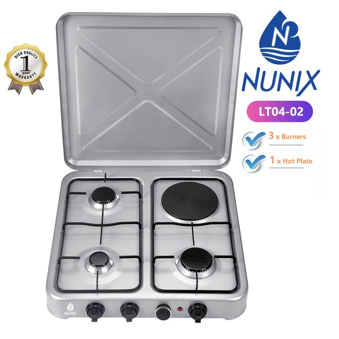 Nunix LT04-02 3 Gas + 1 Electric Table Top Cooker
3 powerful gas burners + 1 electric hot plate
• Dual cooking option – use gas or electricity as needed
• Durable stainless steel/aluminum body for lon