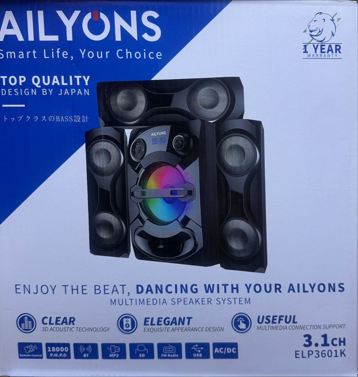 Ailyons 3.1 Woofer System 

Enjoy powerful surround sound and deep bass with the Ailyons 3.1 woofer system. Perfect for movies, music, gaming, and home entertainment, this speaker system delivers