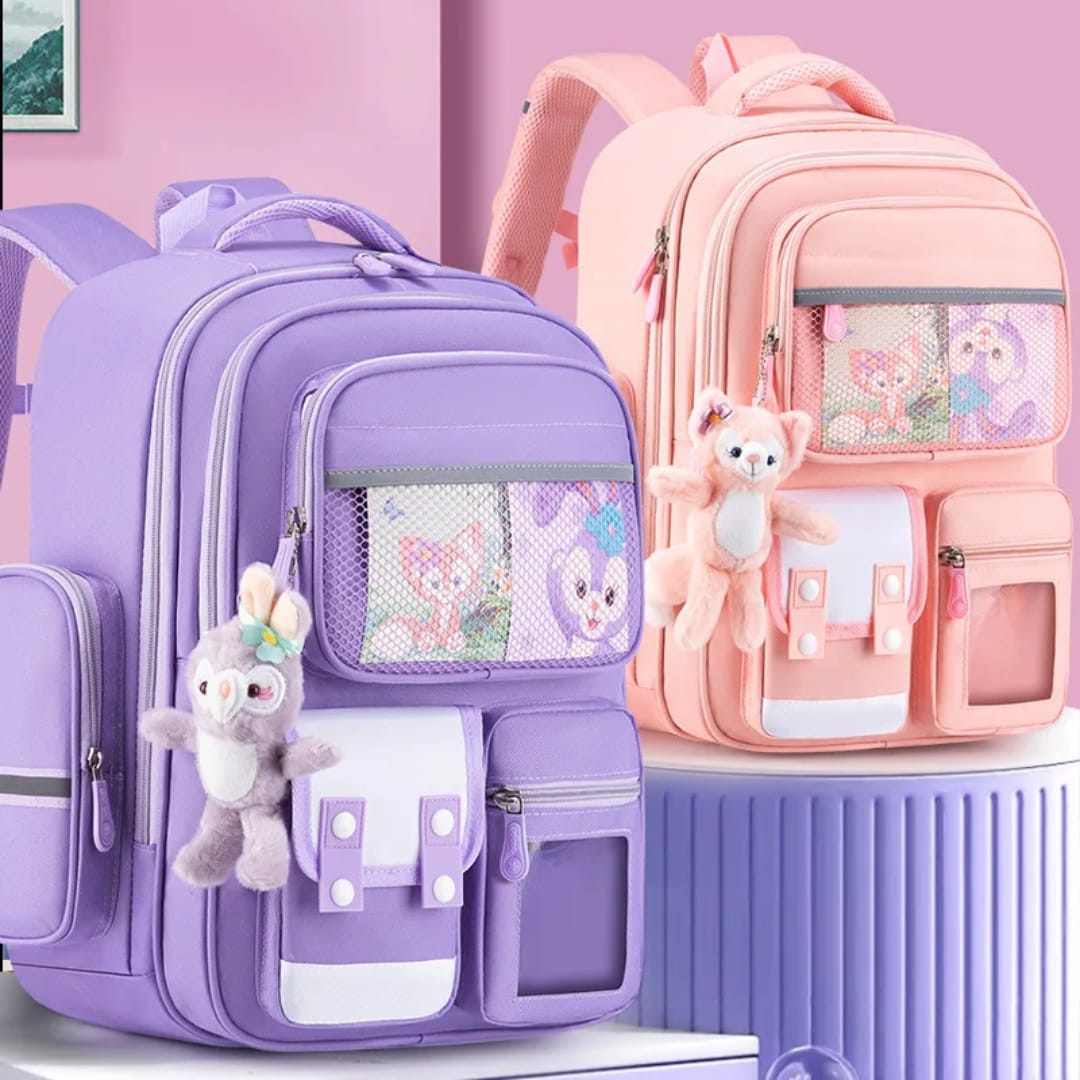 cartoon-themed backpacks designed for school girls.Material and Features: Constructed from high-quality Oxford material, these bags are lightweight, waterproof, and wear-resistant.Design: The