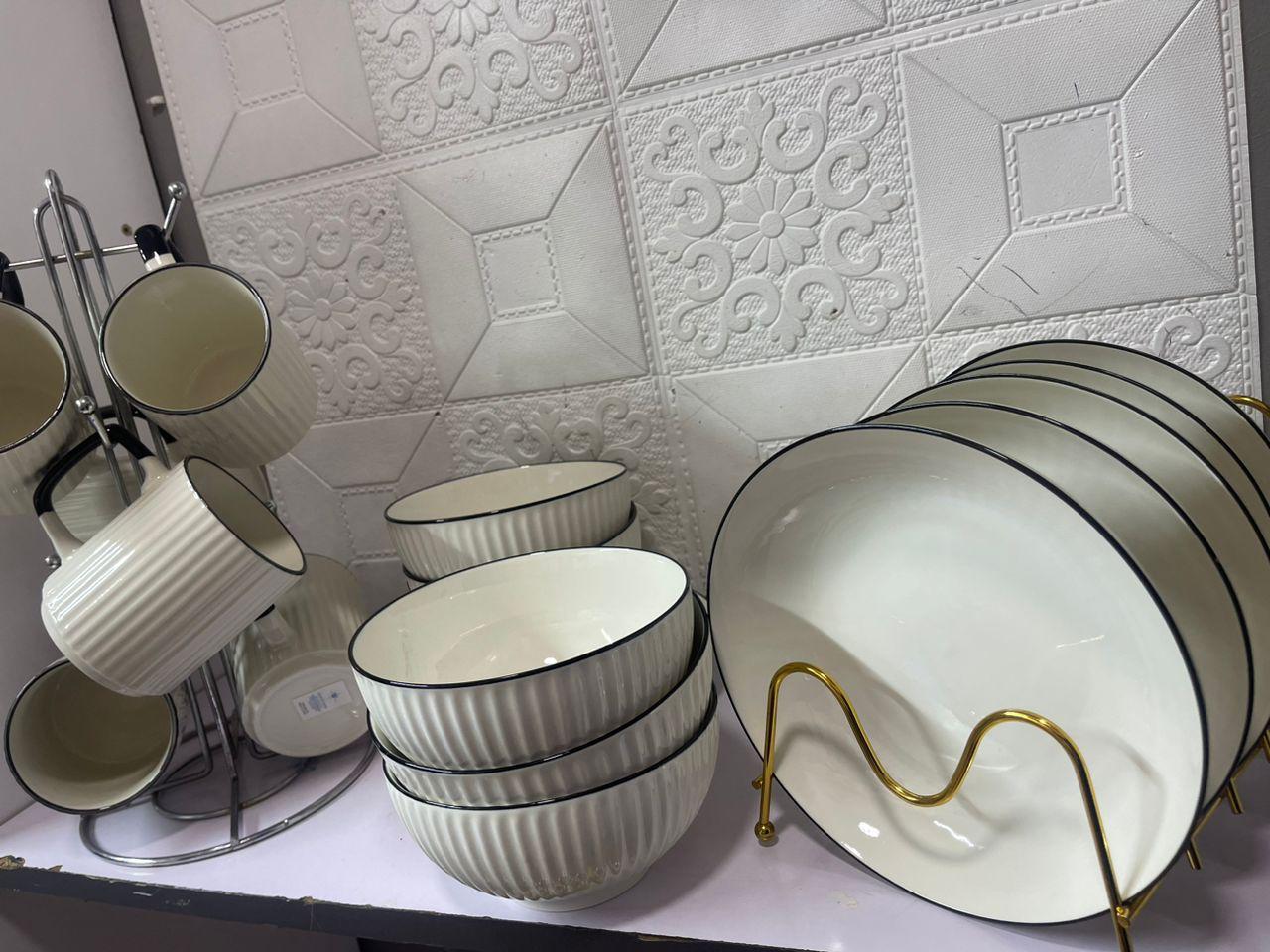 18PCS Dinner Set – perfect for everyday meals and special family gatherings. The set includes 6 durable plates, 6 stylish cups, and 6 matching bowls, giving you a complete table setting for six people