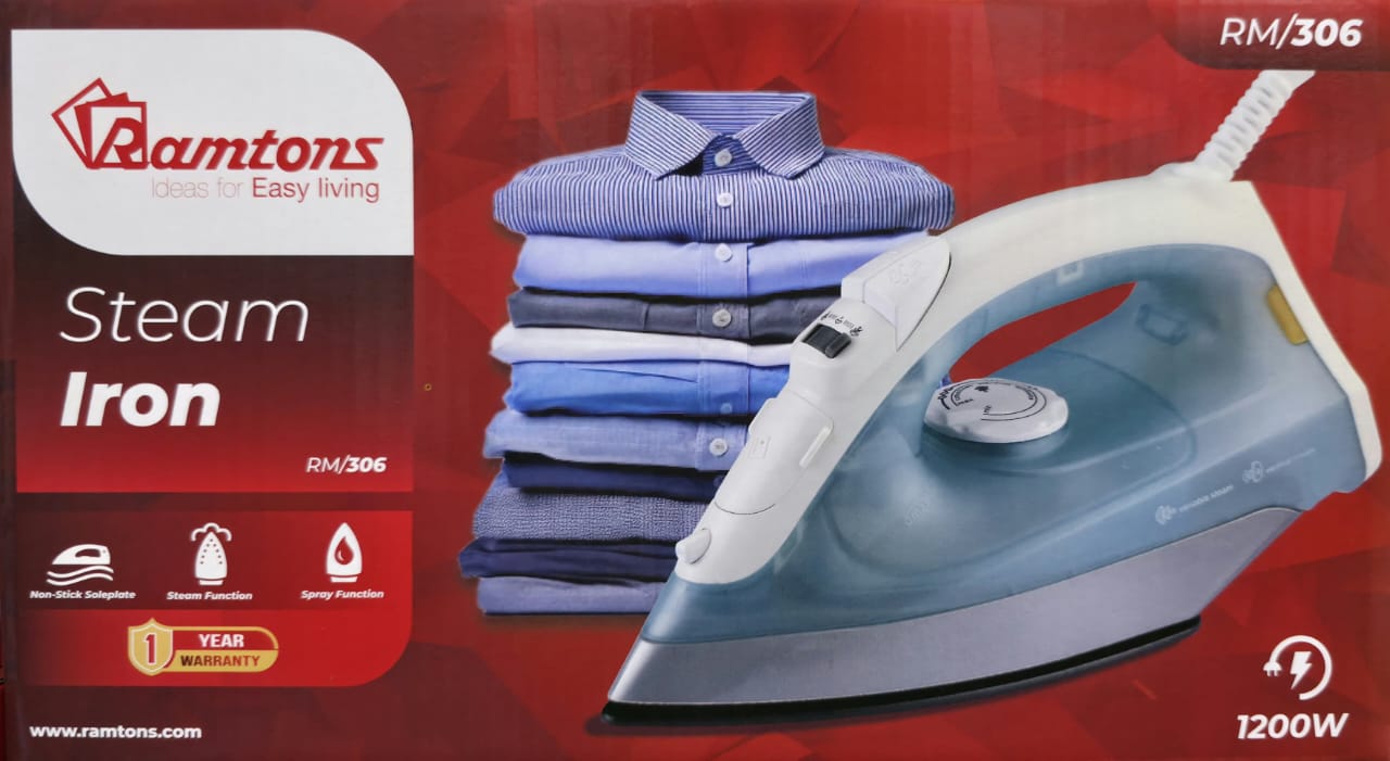 Ramtons Steam Iron — designed for smooth performance and neat, wrinkle-free results on all types of fabrics. Its powerful heating system produces continuous steam that helps remove tough creases quick