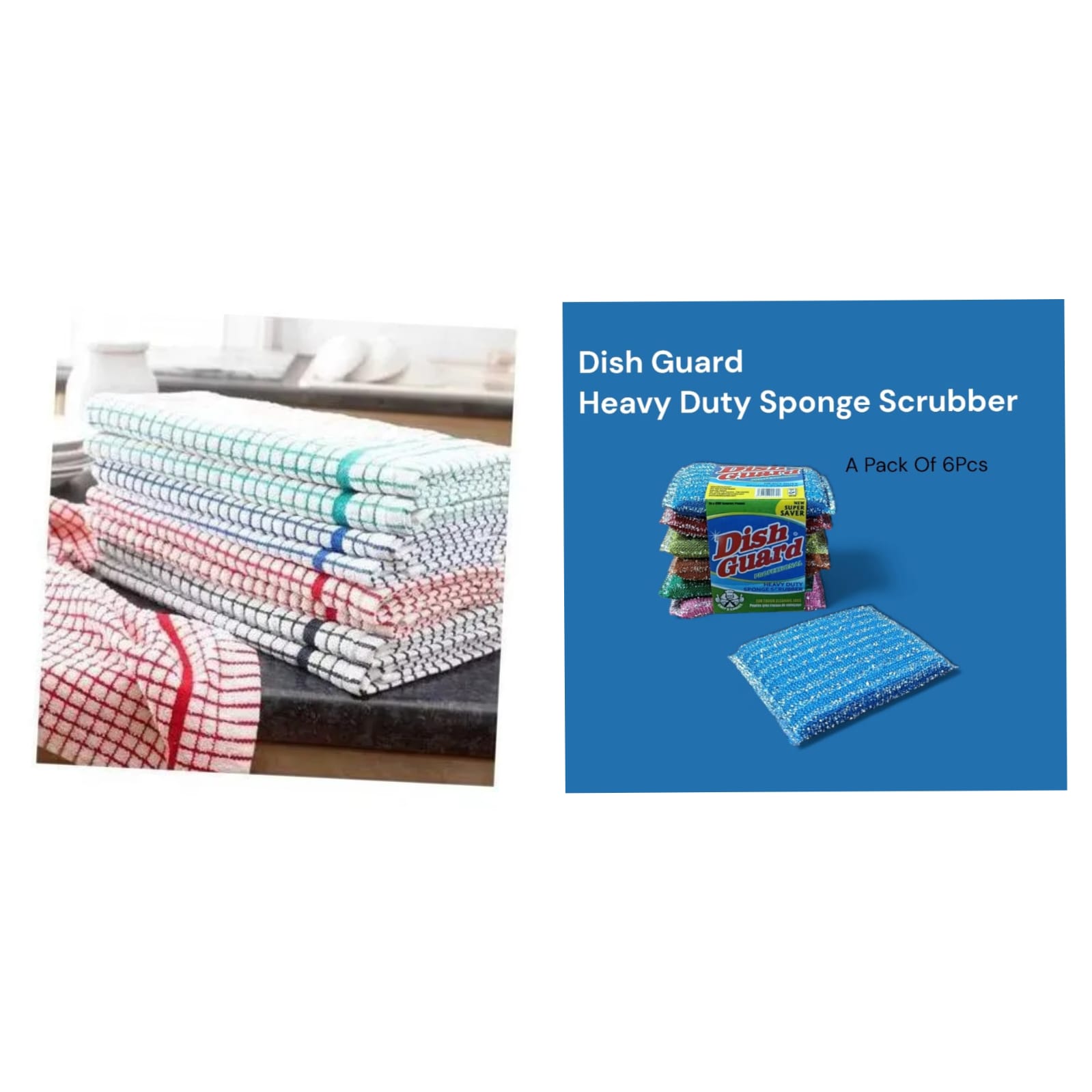 2 high-quality kitchen towels and a pack of 6 heavy-duty sponge scrubbers — perfect for everyday cleaning and wiping needs.

🧽 6PCS Heavy Duty Sponge Scrubbers ✔️ Strong scrubbing power for dishes, p