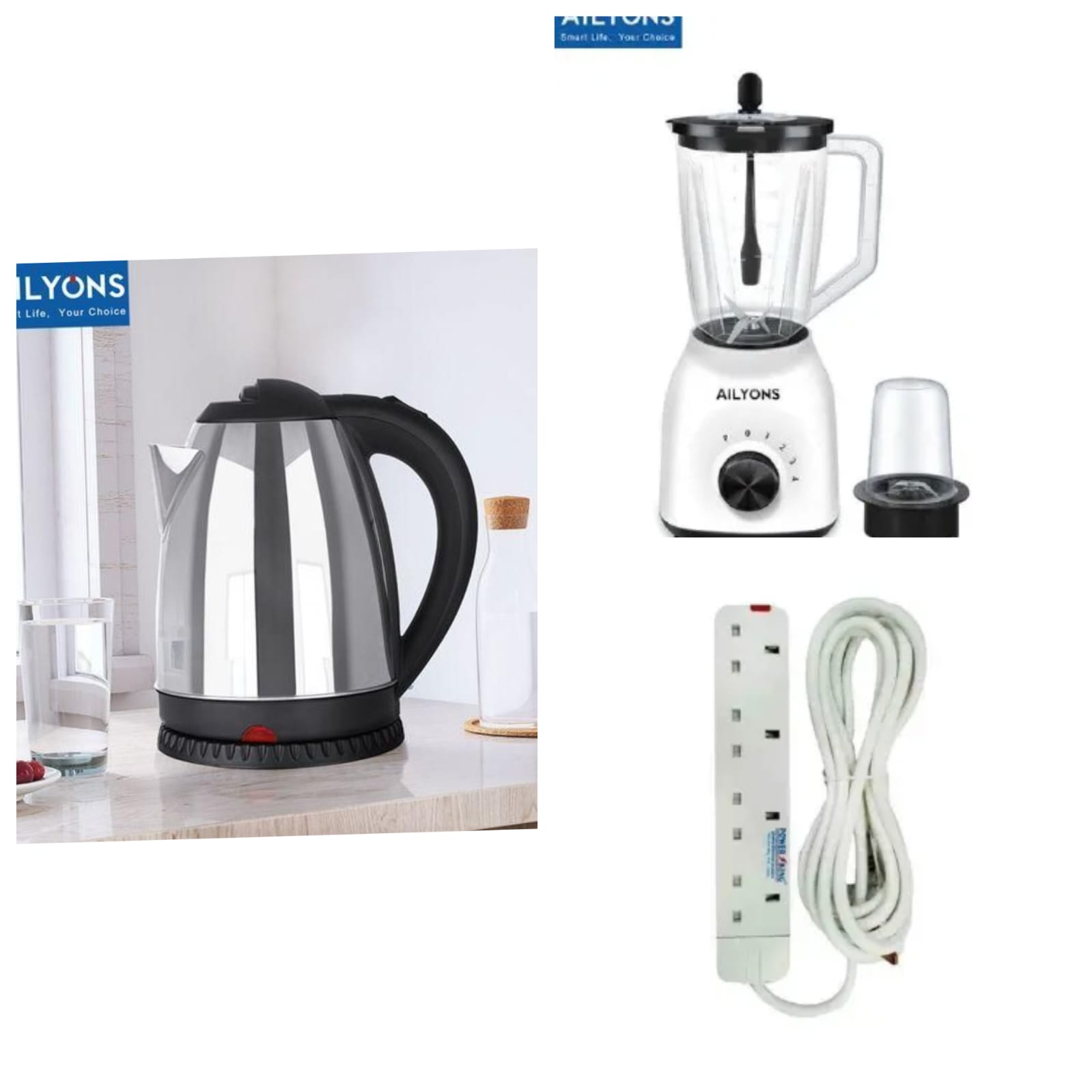 Ailyons 2L Electric Kettle + 2-in-1 Blender + Extension Cable combo is a practical home package designed for everyday kitchen convenience, especially for quick drinks, blending, and basic food prep.