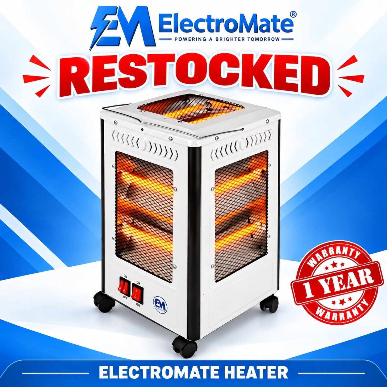 Electomate 5-sided quartz room heater designed for portable electric space heating.Heating Capability: The unit features a 2000W power rating, providing fast heating across five distinct sides to ensu