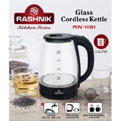RASHNIK RN-1161 GLASS CORDLESS ELECTRIC KETTLE 2.0L RAPID BOIL WATER HEATER WITH 360° ROTATING BASE, WATER LEVEL INDICATOR & AUTOMATIC SHUT-OFF