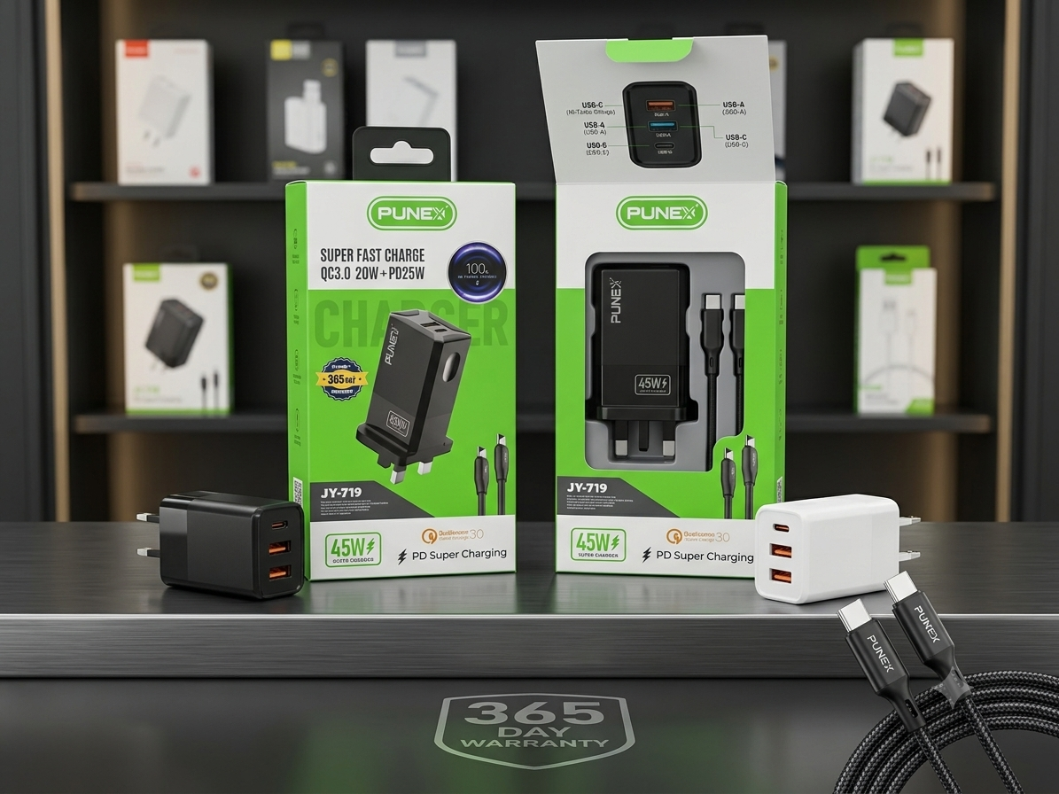 Punex JY-719 45W Super Fast Charger Kit with Dual Charging Cables | QC3.0 20W + PD25W Dual Port Wall Travel Charger Plug Adapter for iPhone 15 14 13 Pro Max, Samsung Galaxy S24 S23 Ultra, Xiaomi Mi Tu
