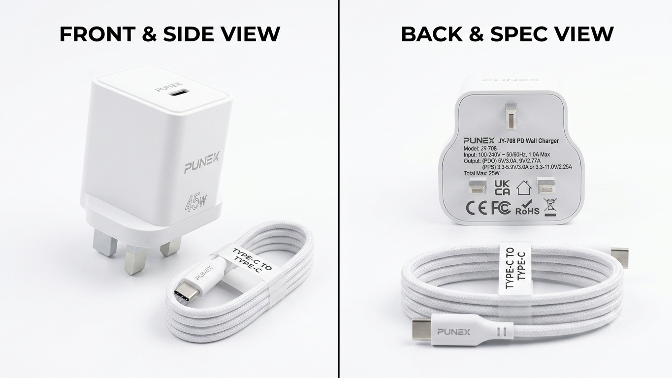 PUNEX JY-708 PD 25W Super Fast Charger with USB-C to Type-C Cable Fast Charging Wall Adapter Power Delivery Charger for Android Smartphones, Tablets and Compatible USB-C Devices with Safety Protection