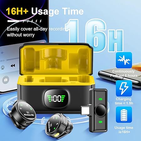 Wireless Lavalier Microphone with Charging Case, USB-C Compatible for iPhone 16/15/Android/PC/laptop, 48KHz/24Bit Mini Lapel Mic, 150ft Range 16H Battery for Recording Live Vlog, interviews & podcast.
