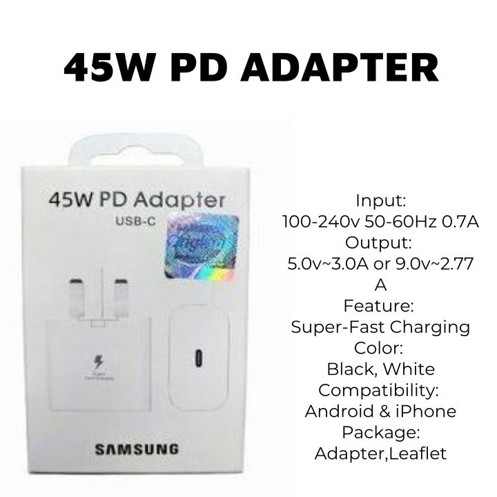 Samsung Super Fast Charging PD Adapter USB-C Wall Charger 25W 35W 45W 65W Power Adapter with Power Delivery Technology for Galaxy Smartphones, Tablets, Laptops, Earbuds and USB-C Compatible Devices  .